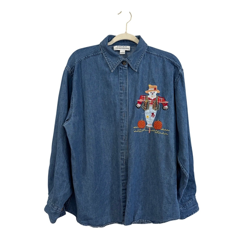 Vintage Natural Impressions Denim Shirt Scarecrow Fall Pumpkin GrandmaCore